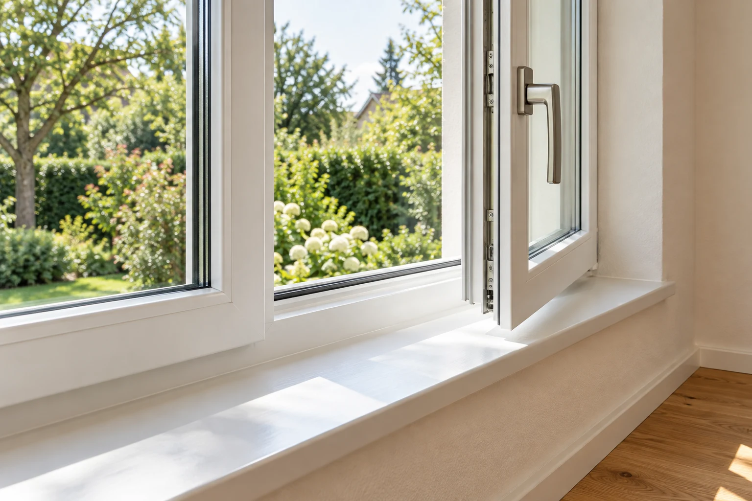 Detail eines weißen Fensterrahmens mit Fensterbank und Putzlaibung · illustrative KI-Darstellung