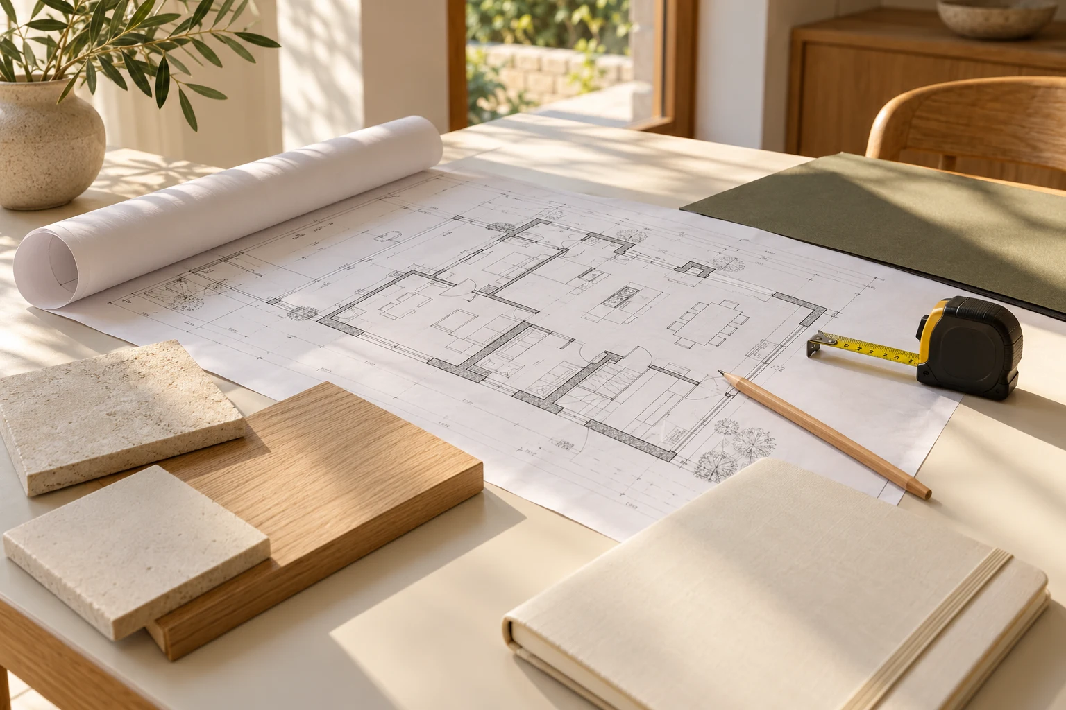 Grundriss, Materialmuster und Notizbuch auf einem Planungstisch · illustrative KI-Darstellung